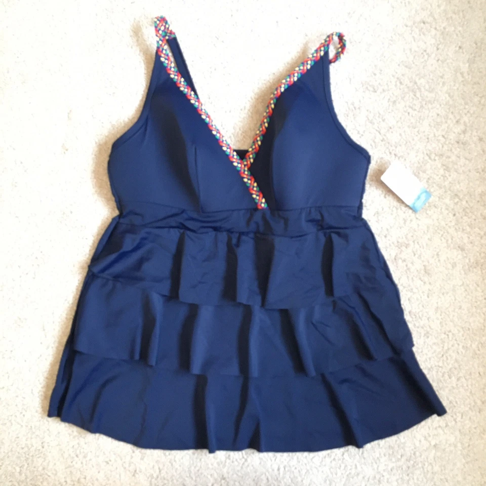 Cacique NWT Navy Blue tiered Lightly lined no wire tankini swimsuit top size 14 - Image 1 of 4