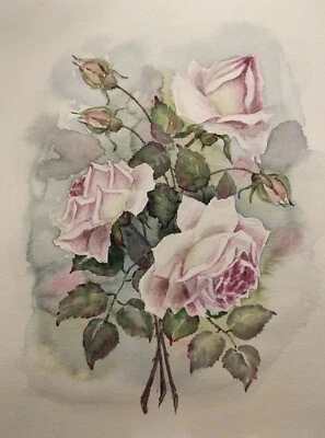 Original Artwork Modern Painting Flowers DUSTY PINK VINTAGE ROSES Floral Gift A4 - Image 1 of 4