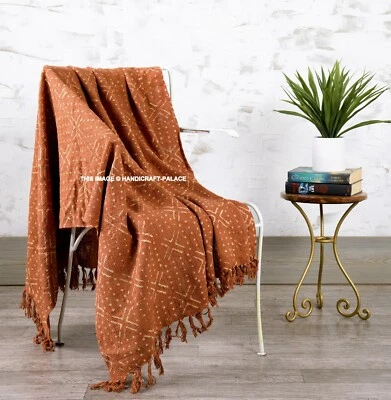 Rust Mudcloth Indian Block Print Sofa Throw Authentic Cotton Decorative Blanket - Image 1 of 3