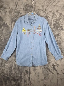 Camisa Karen Scott Mujer XL Abotonada Navidad Bordada Denim Manga Larga - Imagen 1 de 10