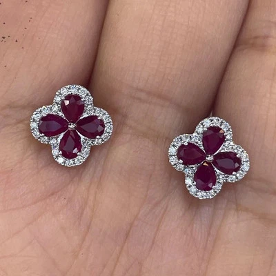 1.25Ct Round Cut Lab-Created Red Ruby Flower Stud Earrings 14K White Gold Plated - Image 1 of 4