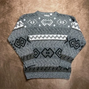 Vintage 80s Method Geometric Print Knit Sweater Blue Gray Diamond Men's XL Retro - Picture 1 of 6