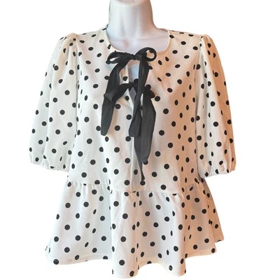 MelloDay Polka Dot Tie Neck Peplum Blouse - Women's Size Small White Black - Image 1 of 4