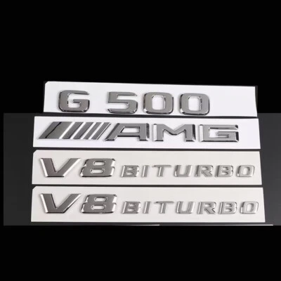 4 piezas NUEVO G500 AMG V8 biturbo cromo insignia emblema se adapta a Mercedes Benz G 500/ Foto 1 de 3