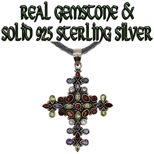 Croce Ciondolo 925 Argento Sterling Vero Gemma & Lab-Created Zircone Cubico - Foto 1 di 4