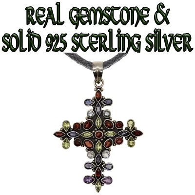 Croce Ciondolo 925 Argento Sterling Vero Gemma & Lab-Created Zircone Cubico - Immagine 1 di 4