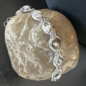 New White Buffalo Turquoise 8 Stone Navajo Sterling Silver Link 8"Bracelet 16378 - Picture 1 of 12