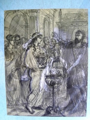 RIBALLIER Henri (XIXème siècle) "Scène de genre aux personnages" Dessin encre  - Photo 1/3