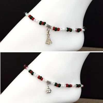 Pulseira de tornozelo elástica com miçangas de vidro com berloque de prata tibetana feriados de Natal  - Imagem 1 de 2