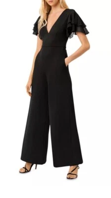 FRENCH CONNECTION Tobina Black Ponte Chiffon WideLeg Pockets Jumpsuit Size2 $158 - Image 1 of 4
