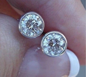 3.00Ct Round Cut White Moissanite Bezel Lovely Stud Earring Solid 14k White Gold - Picture 1 of 4