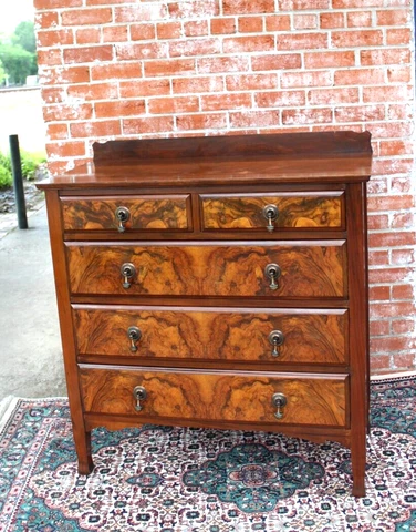 English Antique Burled Walnut Edwardian Chest Of Drawer 5 Drawer Chest Cover