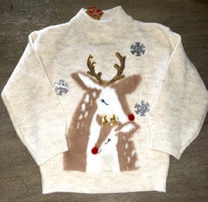 girls NEW TAN REINDEER CHRISTMAS SWEATER size 3/4 sequins furry SOFT sparkles! - Picture 1 of 1