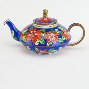 KELVIN CHEN Miniature Teapot Enameled Copper Poinsettias & Gift Bow 2000 No. 198 - Picture 1 of 7