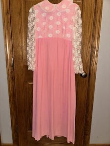 Vtg 60s 70s Handmade Maxi Dress Pink Lace Hippie Peter Pan Collar Empire Waist - Picture 1 of 24