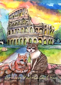 ACEO LE Art Card Print 2.5"x3.5" Sunset At Coliseum " Cityscape Art by Patricia - Foto 1 di 1
