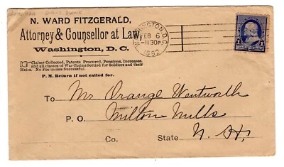 US 1892 Washington DC American D-4-1 Blank Machine Cancel to Milton Mills NH - Image 1 of 2