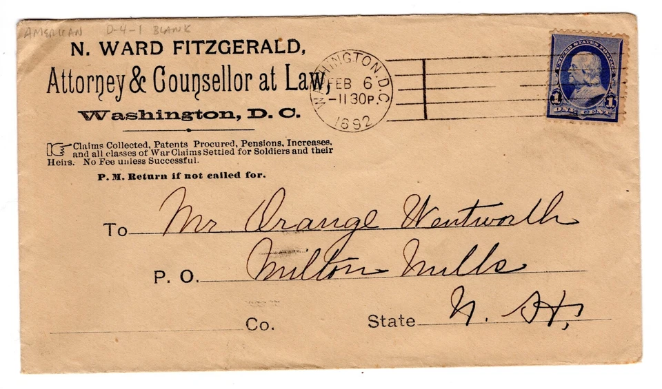 US 1892 Washington DC American D-4-1 Blank Machine Cancel to Milton Mills NH - Image 1 of 2