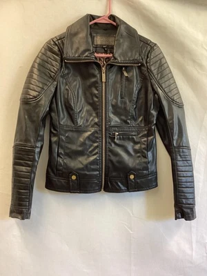 True Love Jacket Womens Small Black Faux Leather Moto Quilted Lined Biker Zip - Image 1 of 4