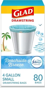 Bolsas de basura Glad Odorshield pequeñas con cordón, 4 galones, Febreze Beachside Breeze, 80 - Imagen 1 de 7