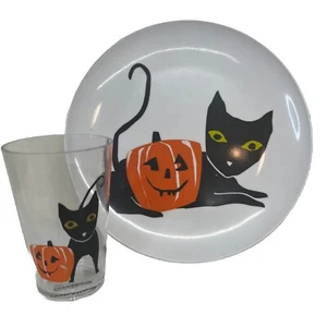 Crate & Barrel Halloween Plate Cup Plastic Cat Jack-O-Lantern - Picture 1 of 6