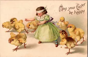 Cartolina May Your Easter Be Happy Blindfolded Girl Chicks Divised Cartolina 1908 - Foto 1 di 2