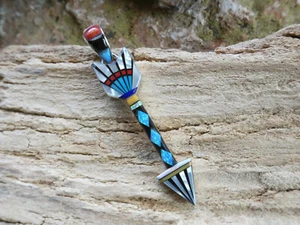 Arrow Bow Multi Gemstone Fire Opal Micro Inlay Sterling Silver 925 Pendant AM78 - Picture 1 of 9