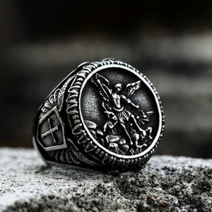 Anillo de colección Angel St. Michael Protect Us de acero inoxidable para hombre anillo punk motociclista - Imagen 1 de 2