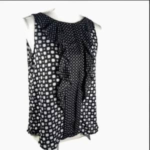 ELLE Ruffled Front Top Small Floral Geometric Accent Black White -Sleeveless  - Picture 1 of 13