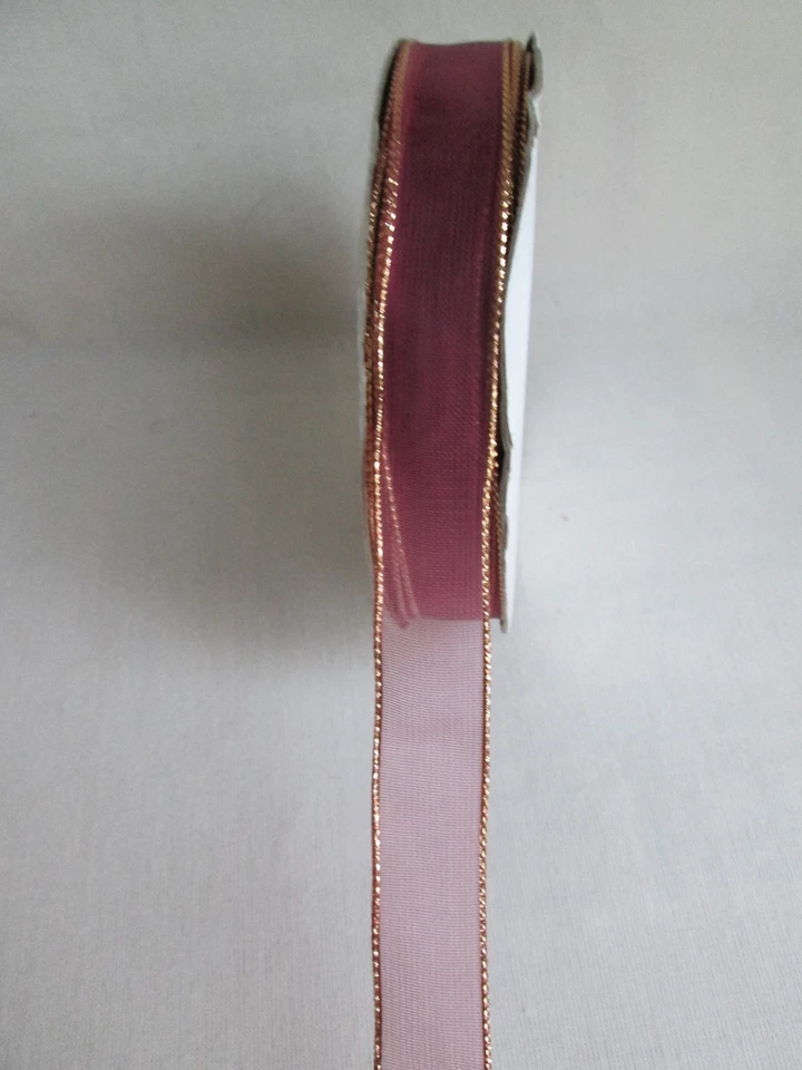 Sheer Wine Ribbon with Gold Metallic Edge 5/8" x 25 yds, New - Image 1 of 1