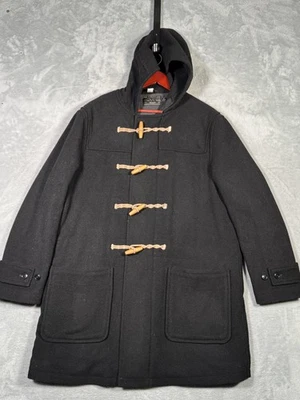 J Crew Duffle Coat Mens Large Black Hooded Wool Blend Toggle Jacket H0586 - Image 1 of 4