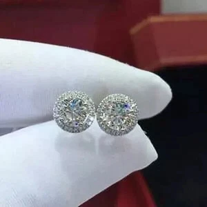 3Ct Round Lab Created Diamond Halo Push Back Stud Earrings 14K White Gold Plated - Picture 1 of 6