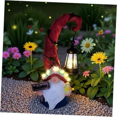 太阳能户外雕像灯侏儒花园装饰雕像带 LED 花和红色 — 第 1/4 张图片