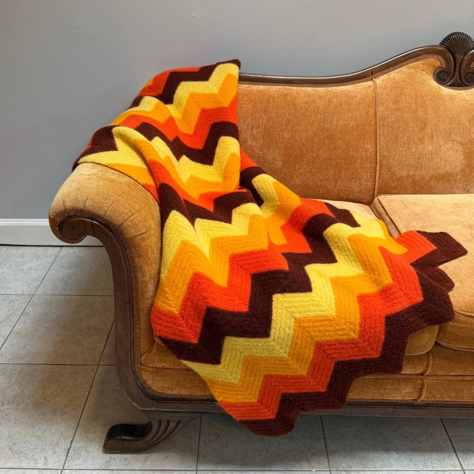 Manta afgana de ganchillo retro hecha a mano naranja amarillo marrón tiro 31x53 vintage Foto 1 de 4