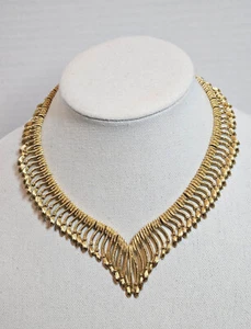 Vintage Monet Gold Tone Collar V Necklace Egyptian Revival Gold Tone Statement - Picture 1 of 13