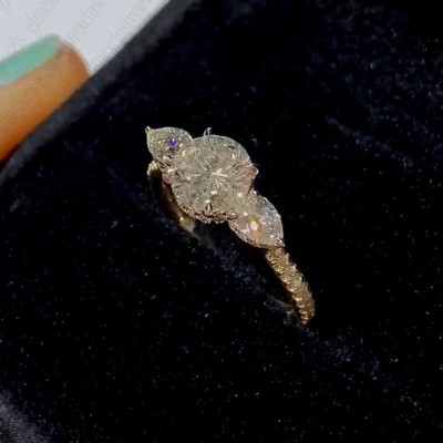 1.65Ctw Round & Pear Moissanite 3-Stones Engagement Ring Solid 14K Two-Tone Gold - Image 1 of 4