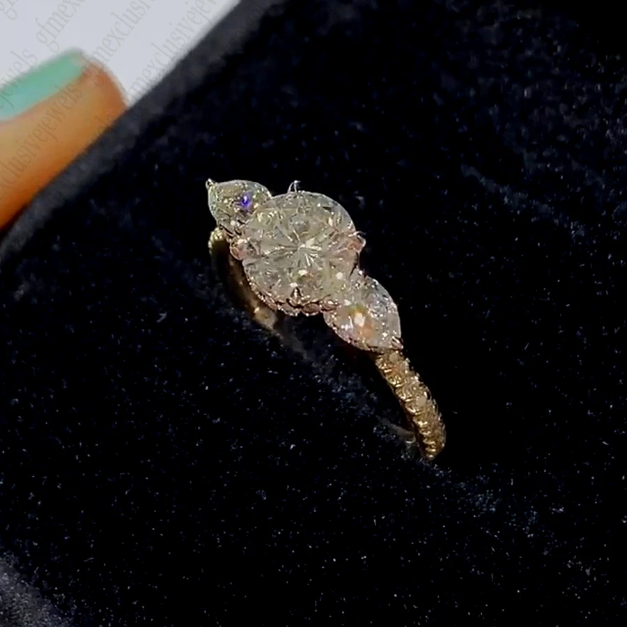 1.65Ctw Round & Pear Moissanite 3-Stones Engagement Ring Solid 14K Two-Tone Gold - Image 1 of 4