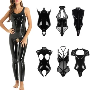 Women Wet Look Leather Leotard Sexy Crotchless Bodysuit Catsuit  Lingerie Cuples