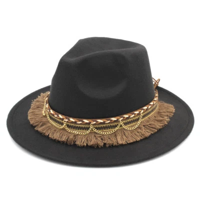 Mujeres Moda Lana Cálido Fedora Hart Dama Informal Ala Ancha Sombrero de Panamá Borla Cinturón Foto 1 de 4