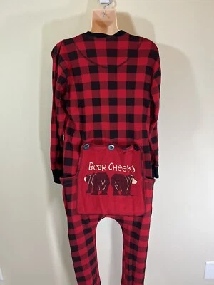 Lazy One Red And Black Check Long John pajamas Bear Cheeks SM Stretch Cotton - Image 1 of 4