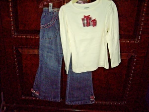 T18 EUC Girl Size 4 Gymboree 2pc Christmas Outfit Top Denim Jeans Plaid TWINS? - Picture 1 of 9
