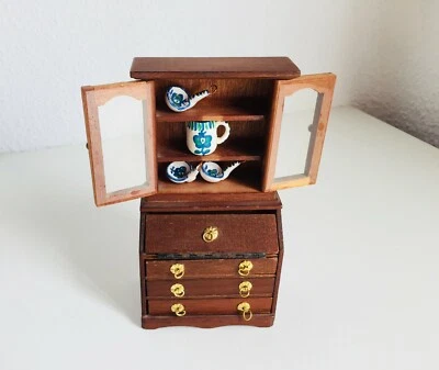 Vintage Doll House Furniture Wooden Secretary Desk Hutch Cabinet SPANISH POTTERY - Image 1 of 4