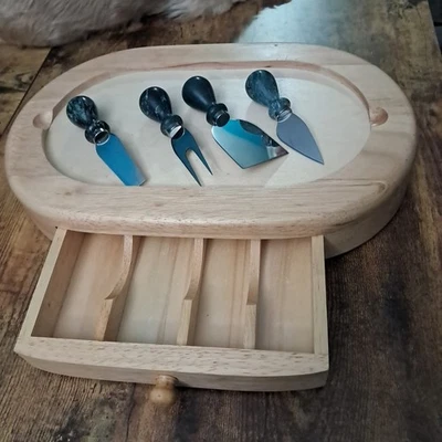 Sabatier Wood Charcuterie Board Serving Tray w/4 Marble Handle Cheese Knives MCM - Image 1 of 4