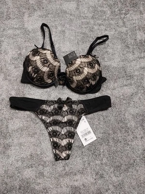 Spitzen-Dessous Set schwarz/creme BH 70A + String S - Bild 1 von 4