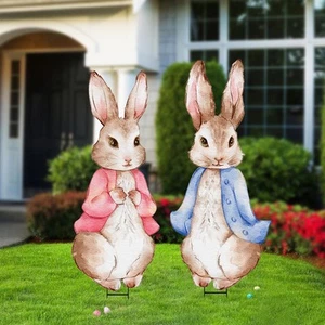 Easter Decorations Outdoor: 2pcs Large Metal Bunny Couple Yard Signs with Sta... - Picture 1 of 7