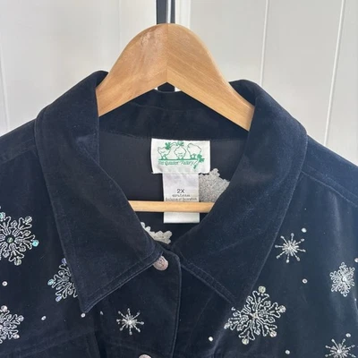 Vtg Quacker Factory Women’s 2X Black Velvet Christmas Jacket Snowman Embroidered - Image 1 of 4