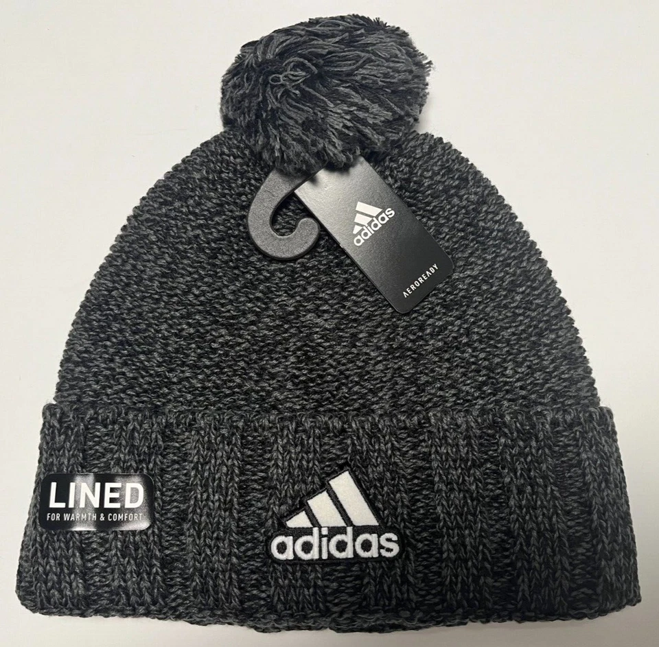 Adidas Beanie Hat Recon 3 Ballie Lined Cuffed Pom Knit Cap Dark Gray Black