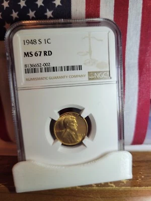 1948-S Lincoln Wheat Cent  ""NGC MS 67 RD""  (Great Slab)  **Post-World War 2** - Image 1 of 4