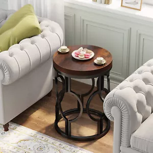 Rustic Wood Round End Table Sofa Side Table with Metal Base for Home Bedroom - Picture 1 of 12