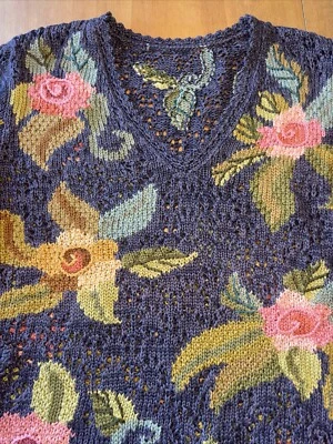 133 Peruvian Connection Floral Romantic Sweater S Pima Cotton EUC Crochet Detail - Image 1 of 4